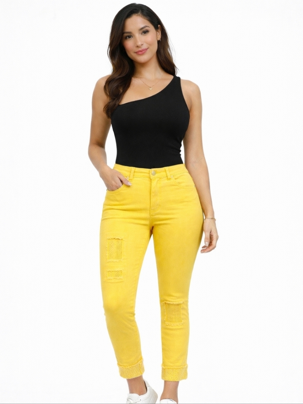 Joseph Ribkoff Yellow Christina Crystal Patch Jeans Spandex Blend Sz 14 EUC